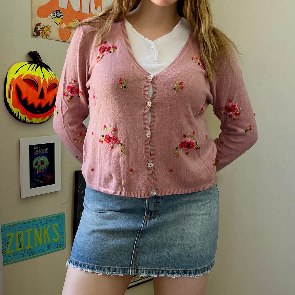 Vintage 1990s Likelike Lindarico Collection Mauve Beaded Cardigan Size Medium